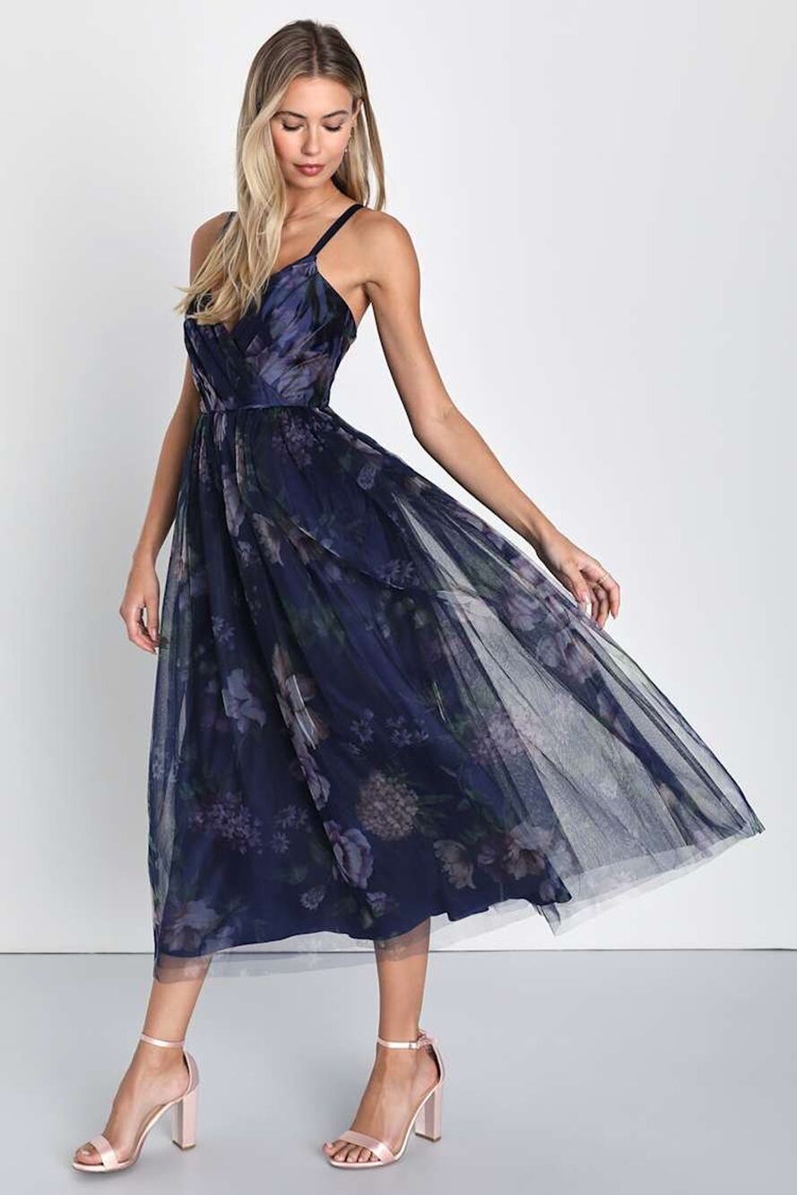 Lulu's Navy Floral Midi Dress